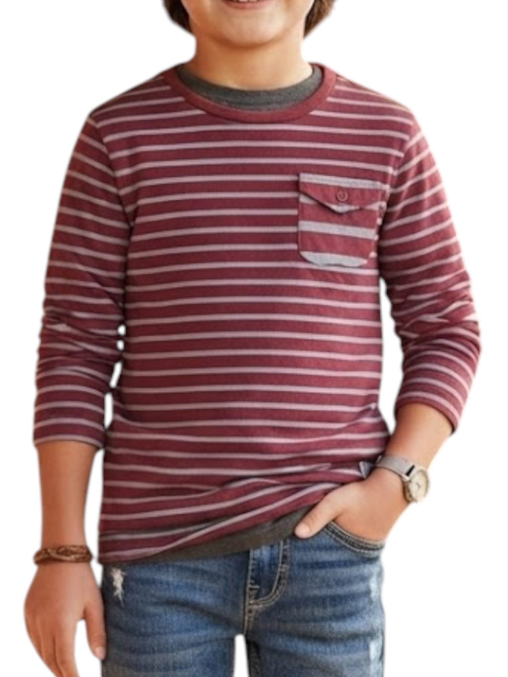 Silver Jeans Triple 5 Boys Burgundy Red Striped Long Sleeve Pocket Tee Size 12